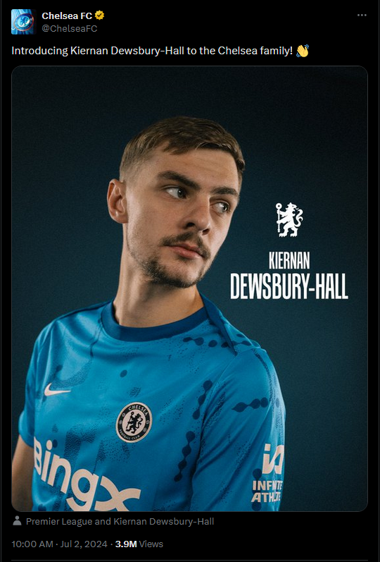 Screenshot of a Chelsea tweet revealing the signing of Kiernan Dewsbury-Hall